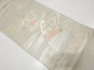 アンティーク　プラチナ箔二重織　扇に御所車・草花模様織り出し袋帯（材料）